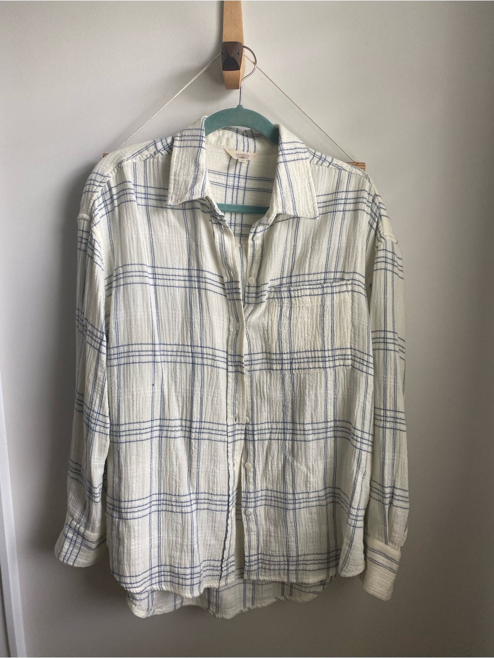 Faherty Dune Gauze Cream and Blue Plaid Button-Up Shirt